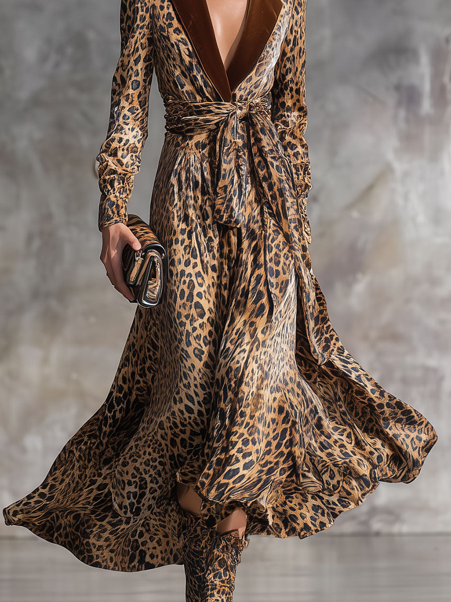 Fashion Retro Leopard Print Lapel Velvet Midi Dress