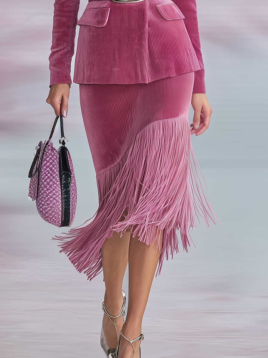 Elegant Lapel Corduroy Blazer And Fringed Skirt Set