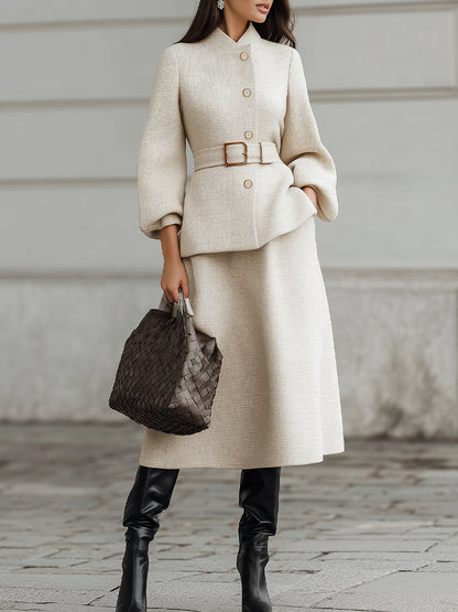Beige Belted Midi Set With Structured Sleeves