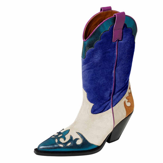 Beige & Dark Blue Pointy Toe Block Heel Mid-Calf Leaf Western Boots