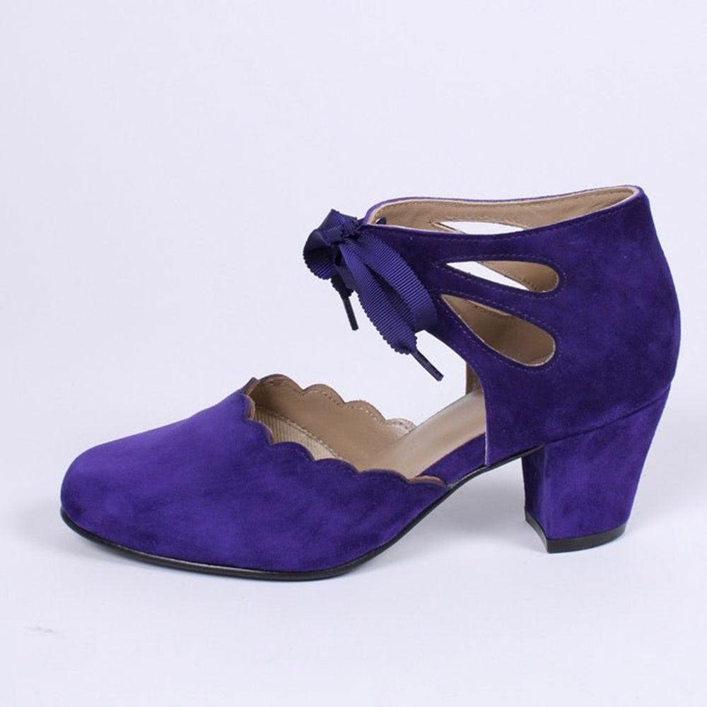 Faux Suede Block Heel Ankle Strap Lace-Up Purple Pumps for Women