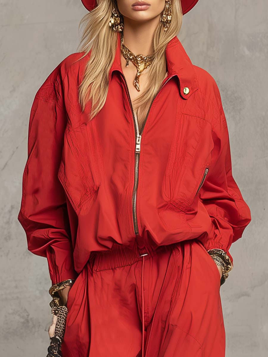 Exquisite Casual Sporty Front Zipper Waist Drawstring Red Nylon Jumpsuit