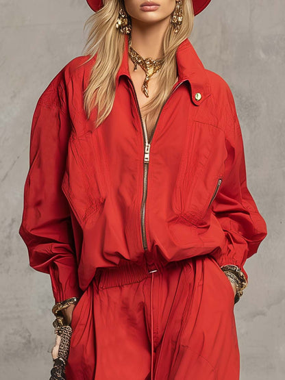Exquisite Casual Sporty Front Zipper Waist Drawstring Red Nylon Jumpsuit