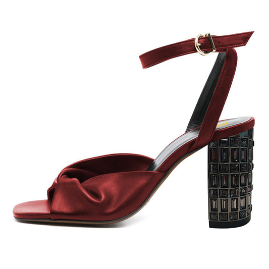 Elegant Maroon Square Toe Ankle Strap Buckle Women's Heel Sandals
