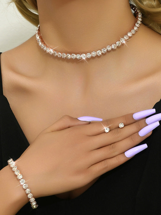 Elegant Rhinestone Choker & Earrings & Bracelet 3Pcs Set