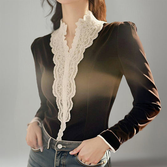 Elegant Velvet Lace Patchwork Stand Collar Button Long Sleeve Blouse