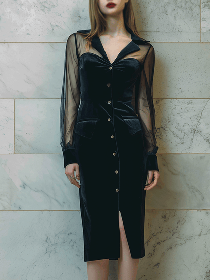 Elegant Black Velvet Button Midi Dress