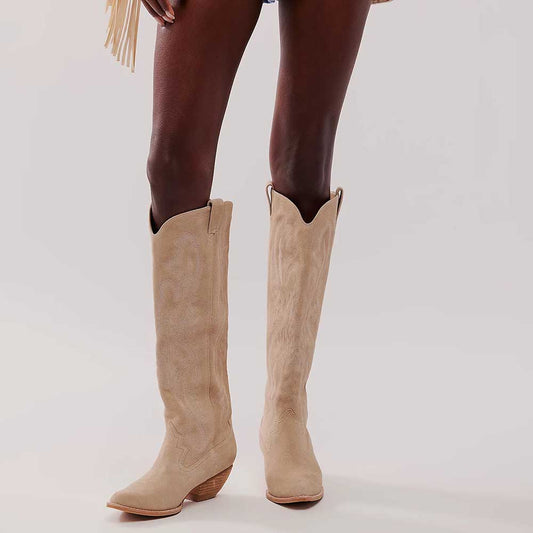 Beige Faux Suede Pointed Toe Block Heel Wide Calf Knee-High Boots