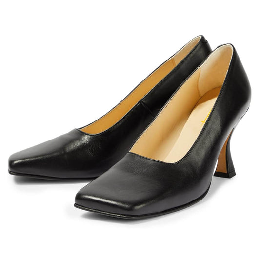 Elegant Vegan Leather Slip-On Square Toe Flared Heel Black Pumps