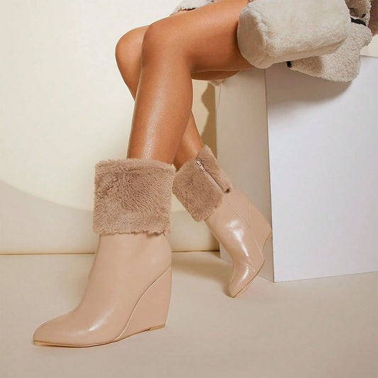 Beige Pointed Toe 4’‘ Wedge Heel Fur Covering Ankle Boots