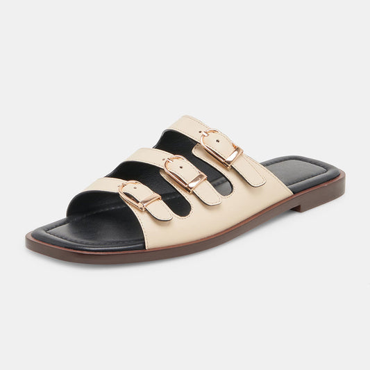 Elegant Beige Faux Leather Square Toe Slide Flat Summer Sandals