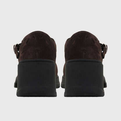Dark Brown Vegan Suede Cut-Out Platform Chunky Heeled Mary Janes