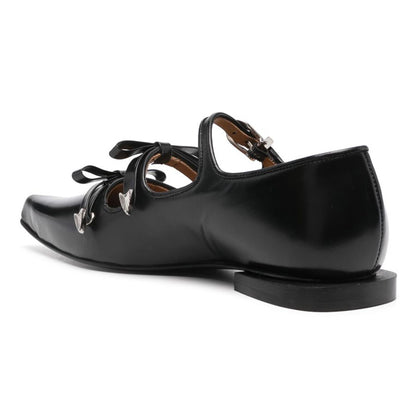 Faux Leather Pointed Toe Buckle Black Flat Shoes for Women
