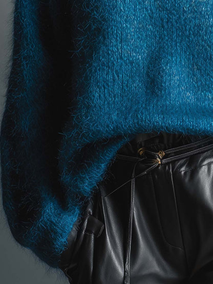 Elegant And Versatile Blue High-neck Mohair Loose Sweater