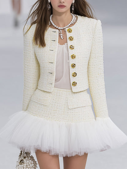 Elegant Textured Fabric Patchwork Organza Jacket And Skirt Set