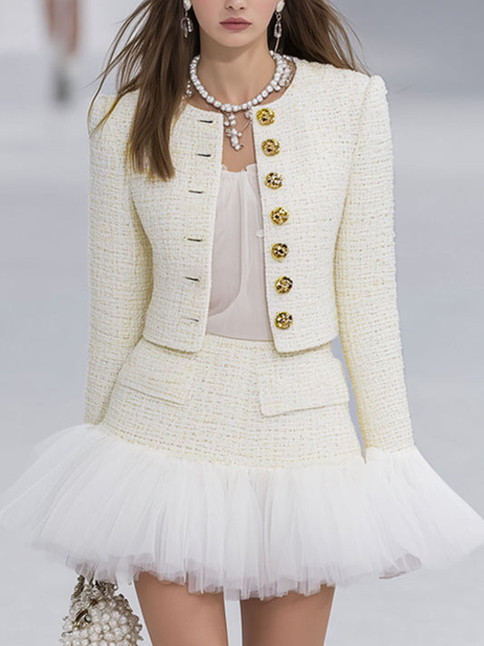 Elegant Textured Fabric Patchwork Organza Jacket And Skirt Set