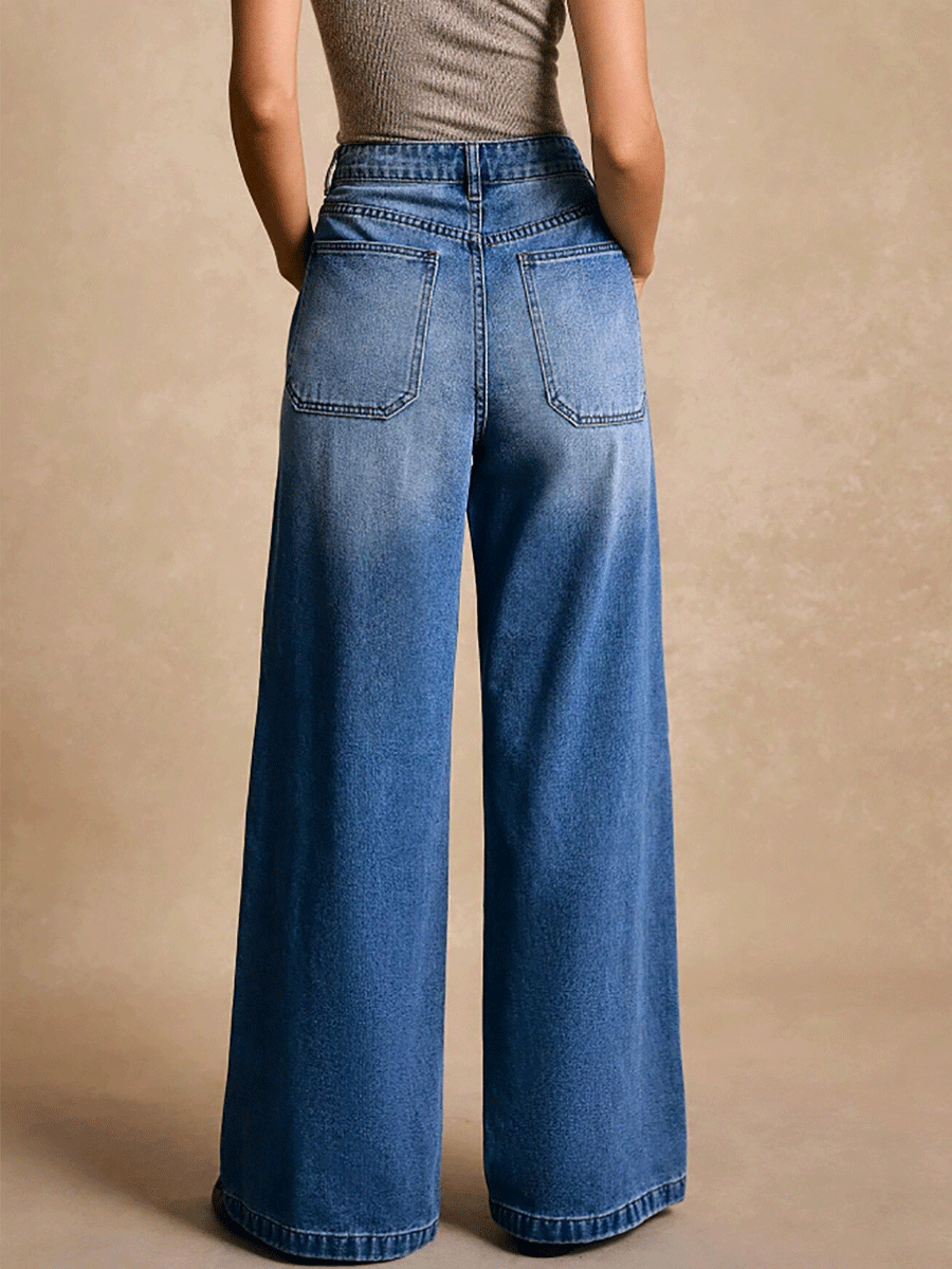 Fashion Rivet Pocket Wide Leg Washed Slim Straight Jeans