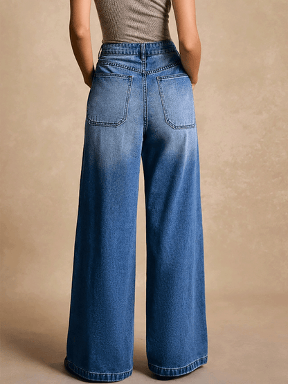 Fashion Rivet Pocket Wide Leg Washed Slim Straight Jeans