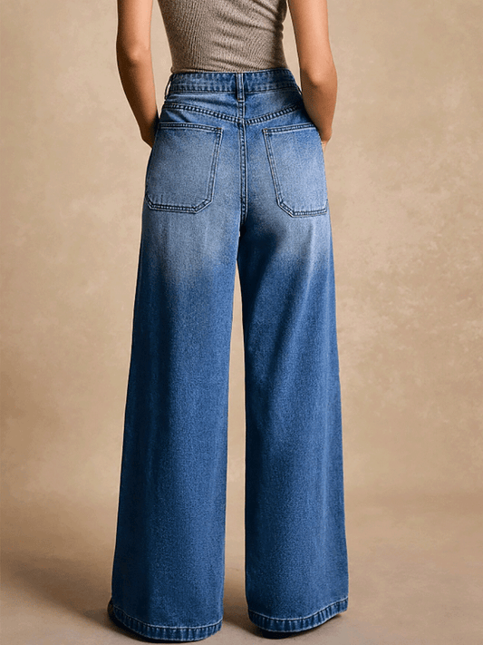 Fashion Rivet Pocket Wide Leg Washed Slim Straight Jeans