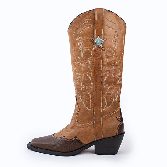 Embroidered Star Inlay Mid Calf Brown Cowgirl Boots for Women