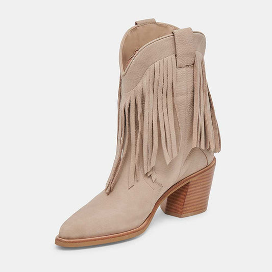 Beige Pointed Toe Fringe Ankle Length Cowgirl Boots with Chunky Heel