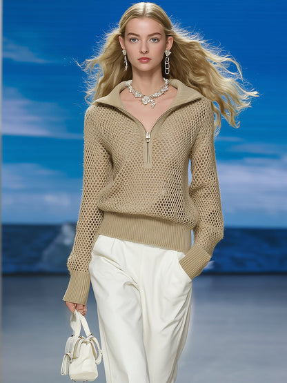 Elegant And Casual Khaki Hollow Half-zip Sweater