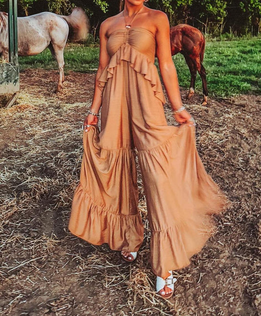 Vintage Brown Halter Ruffled Wide Leg Jumpsuit