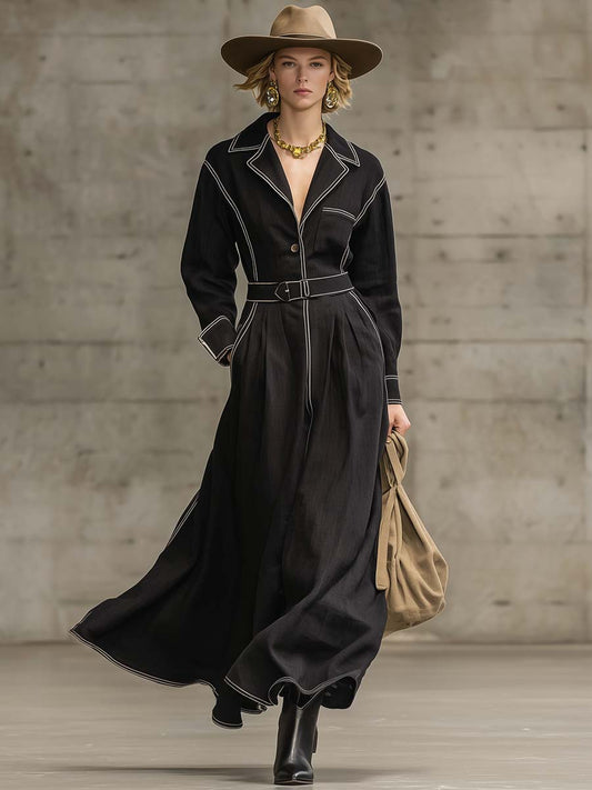 Exquisite Casual Western V-neck White Piping Black Cotton And Linen Windbreaker Style Maxi Dress