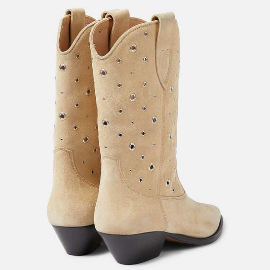 Beige Faux Suede Pointed Toe Chunky Heel Wide-Calf Cowgirl Boots
