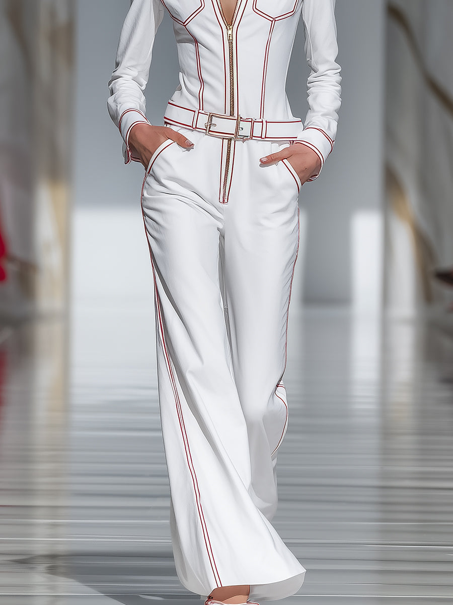 Fashionable And Capable Red Topstitched White Wide-leg Jumpsuit