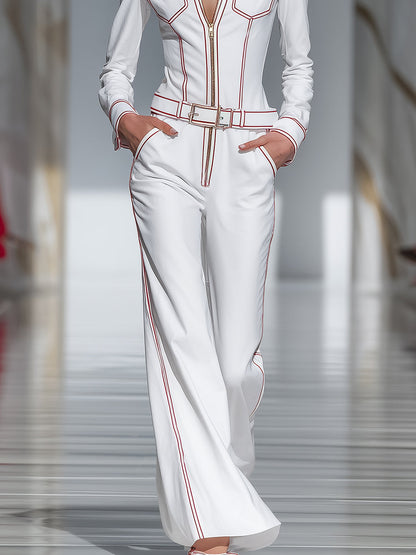 Fashionable And Capable Red Topstitched White Wide-leg Jumpsuit
