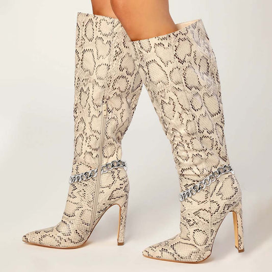 Beige Snake Textured Pointed Toe Wide Calf Tall Boots with Chain