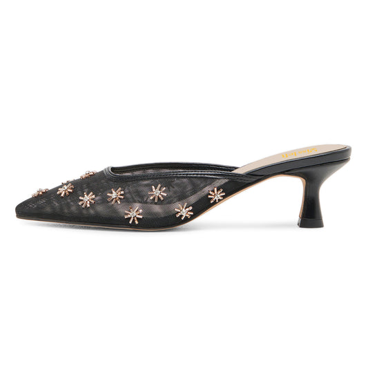 Elegant Black Pointed Toe Mule Kitten Heels with Rhinestoned Flowers