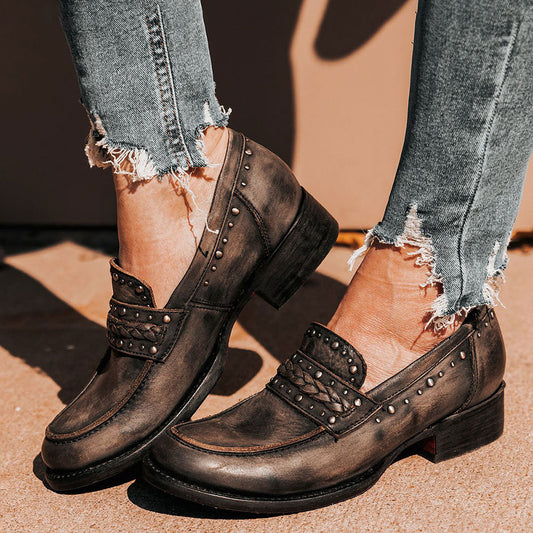 Dark Taupe Round Toe Slip On Block Heel Studded Loafer Shoes Women