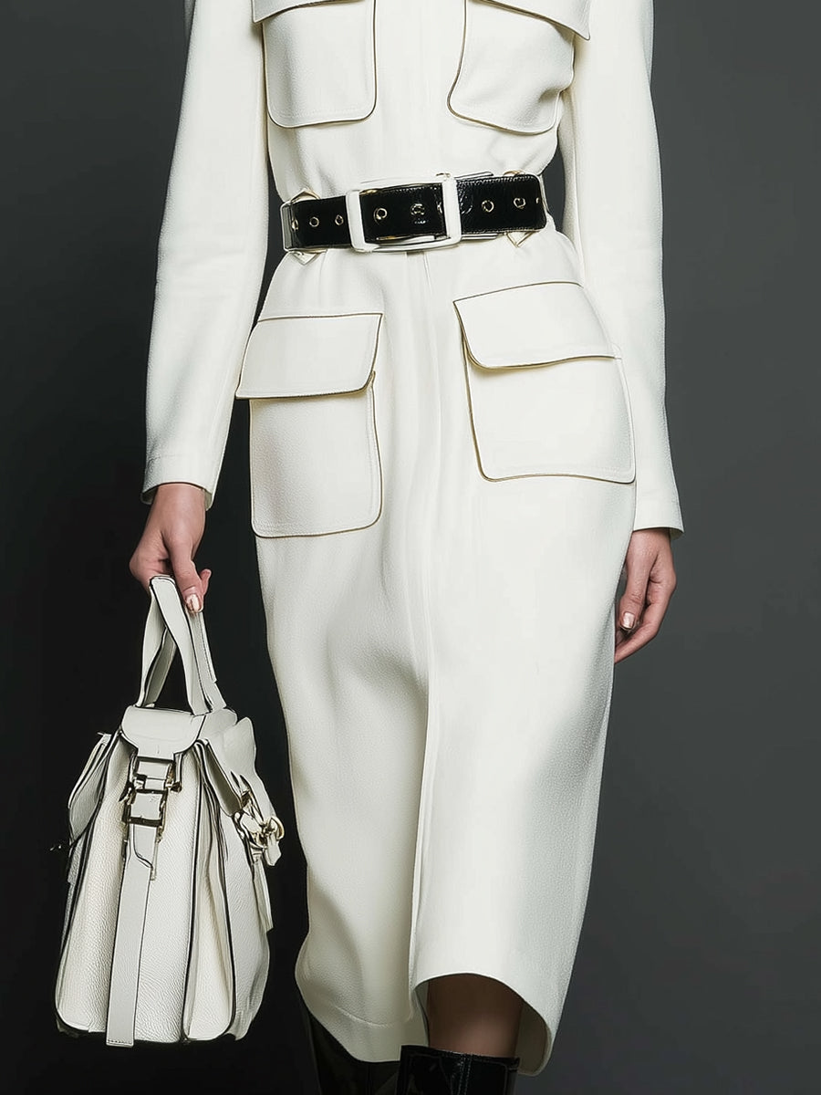 Elegant And Capable White High-neck Multi-pocket Midi Dress