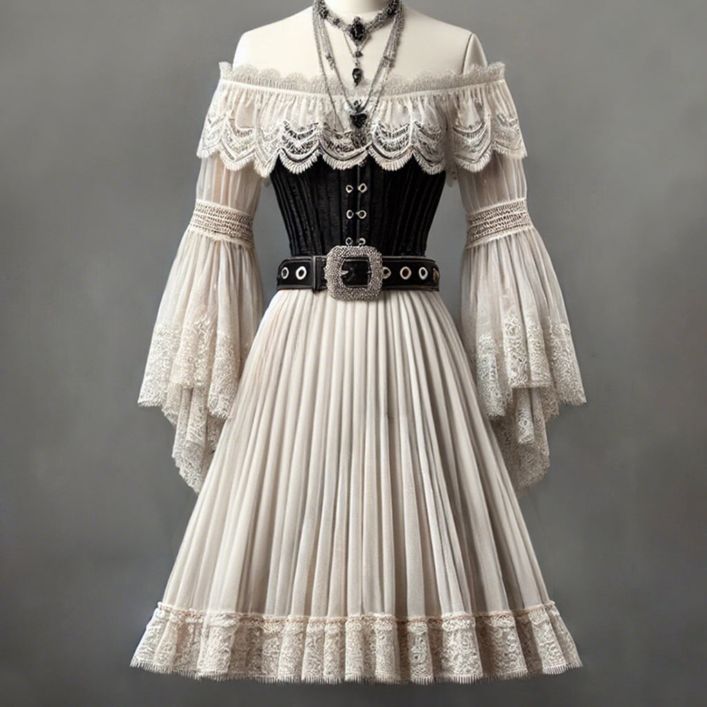 Ursime Vintage Lace Two Tone Off Shoulder Flare Sleeve Midi Dress