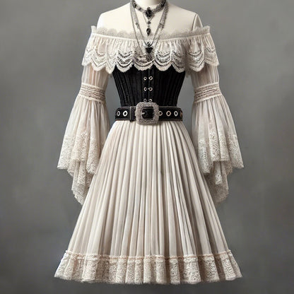 Ursime Vintage Lace Two Tone Off Shoulder Flare Sleeve Midi Dress