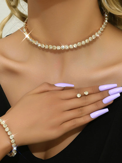 Elegant Rhinestone Choker & Earrings & Bracelet 3Pcs Set