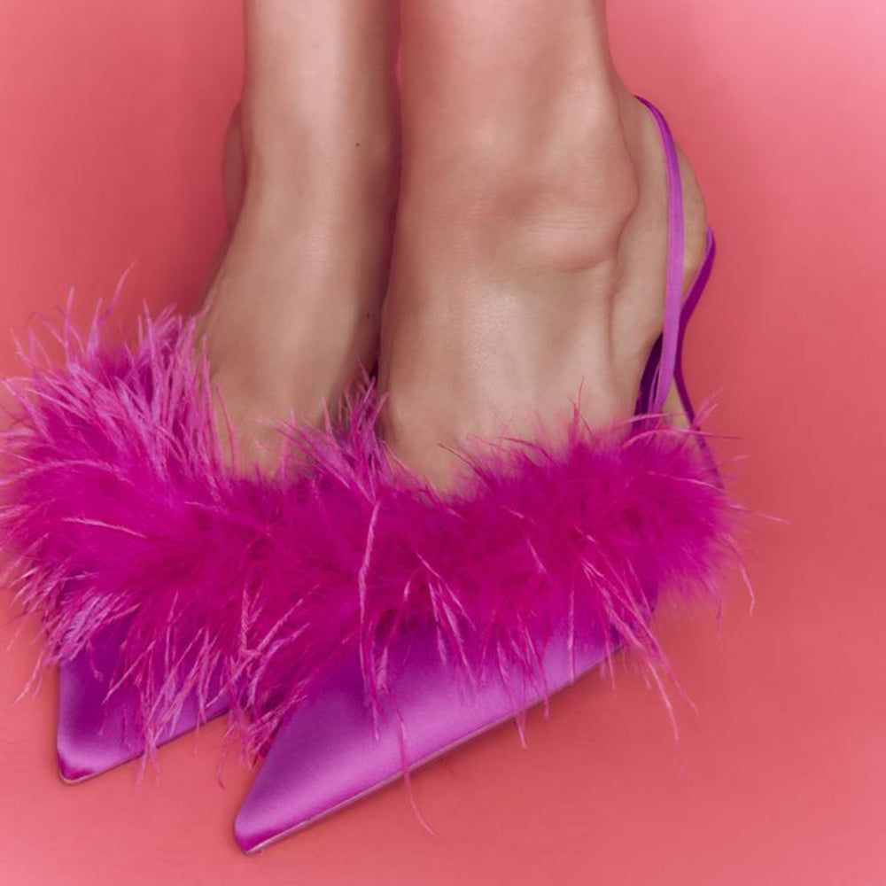 Fuchsia Evening Shoes Pointed Toe Feather Trim Slingback Heels