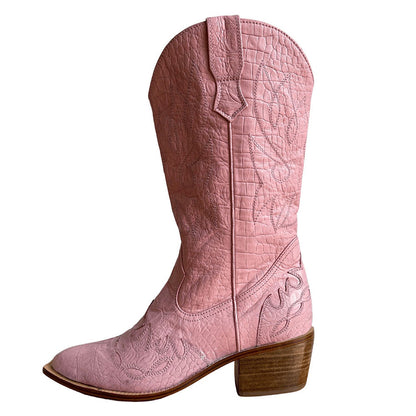 Faux Leather Embroidered Pointed Toe Pink Mid-Calf Cowgirl Boots