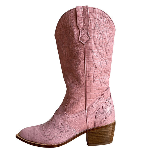 Faux Leather Embroidered Pointed Toe Pink Mid-Calf Cowgirl Boots