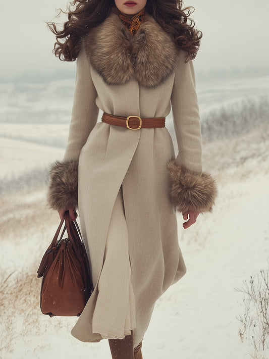 Elegant And Fashionable With Plush Trim Cuffs And Collar Beige Coat