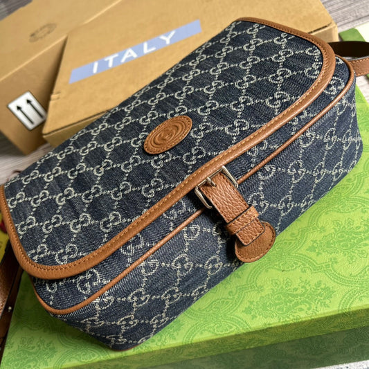 gg Children&#8217;s gg  Messenger Bag Dark Blue And Ivory Eco Washed Organic gg Jacquard Denim For Women  11.4in/29cm gg