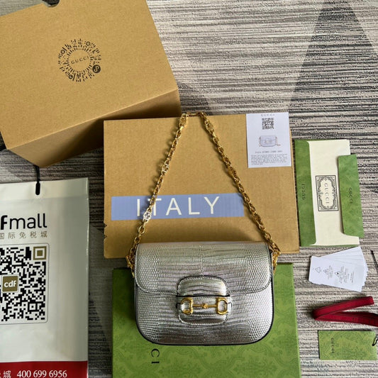 gg Horsebit 1955 Lizard Mini Bag Silver For Women, Women&#8217;s Bags 8in/20cm gg‎