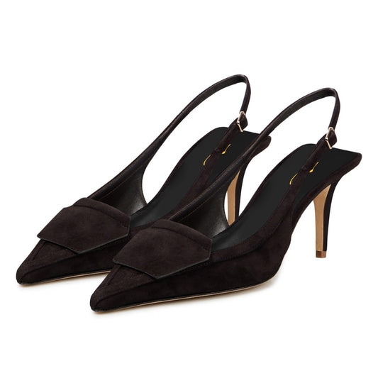 Dark Brown Vegan Suede Pointed Toe Classic Slingback Pumps Heels