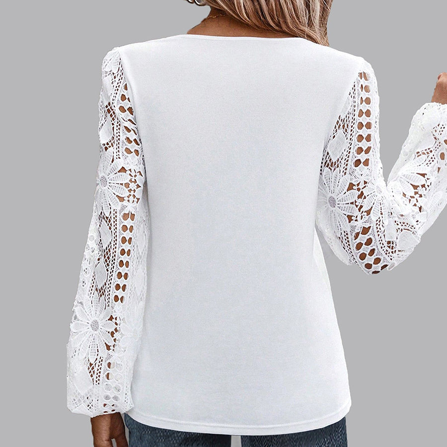 Everyday Hollow Guipure Lace Patchwork Lantern Sleeve Blouse