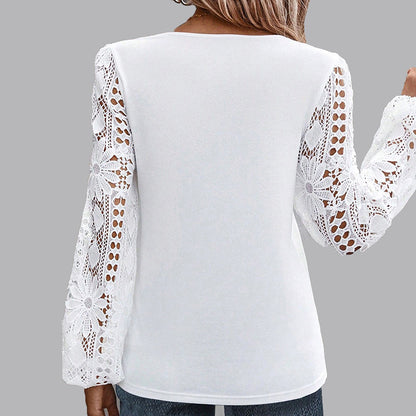 Everyday Hollow Guipure Lace Patchwork Lantern Sleeve Blouse