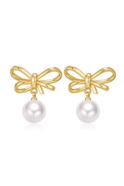Gold Bow Pearl Earrings
