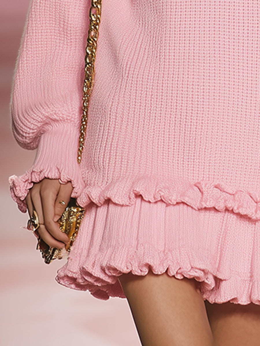 Elegant And Romantic Pink Knitted Mini Dress With Ruffled Hem