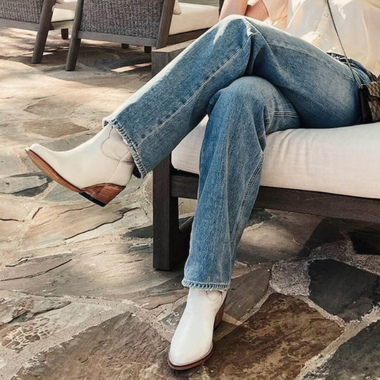 Elegant White Pointed Toe Studded Short Western Boots for Women
